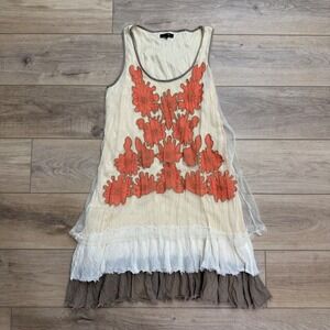 Ryu Womens Boho Floral Embroidered Layered Ruffle Mesh Tank Dress Cream Large